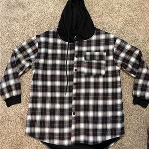 Plaid Hooded Button-Up Shirt